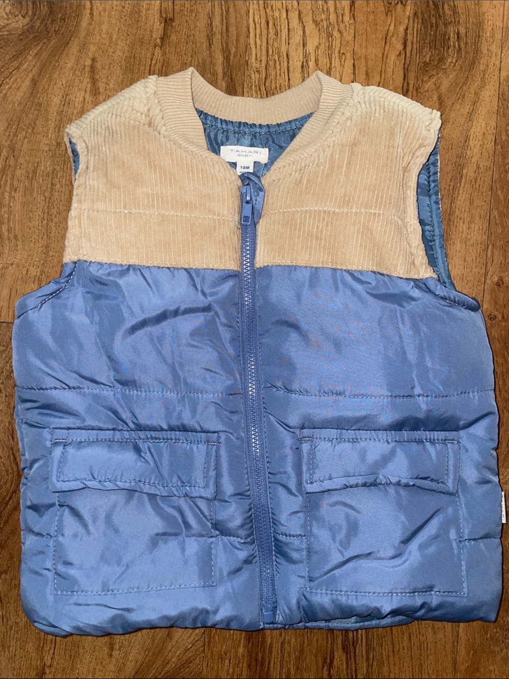 Tahari Baby Kids Blue and Beige Puffer Vest with Corduroy- Lightweight Zip Front